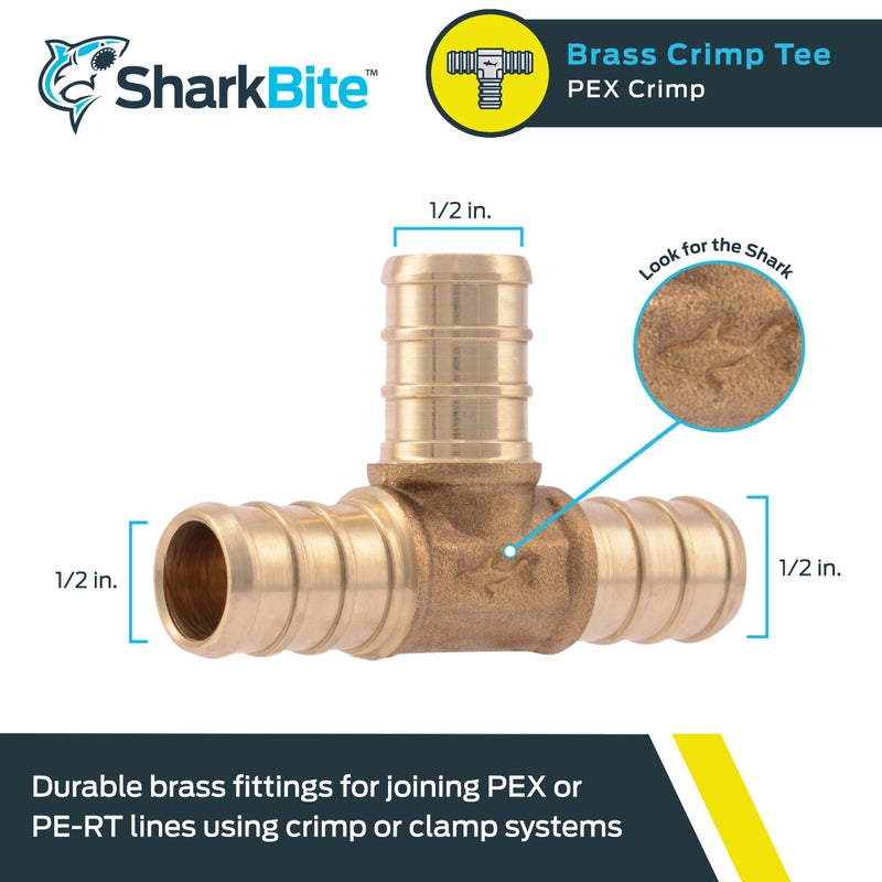 SharkBite 1/2 Inch Crimp Tee, Brass Plumbing Fitting, PEX Pipe, PE-RT, UC362LFA - Image 2